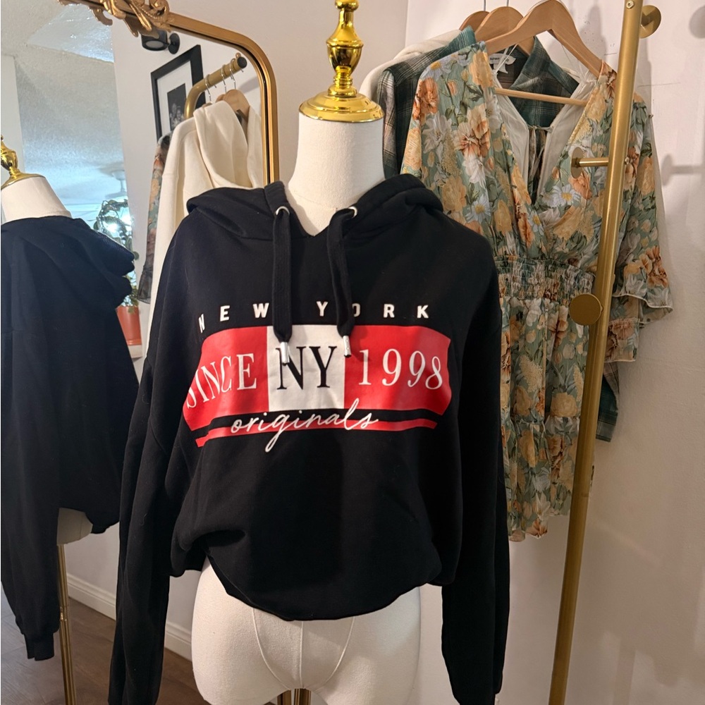 Divided Black Cropped Hoodie with Red Graphic